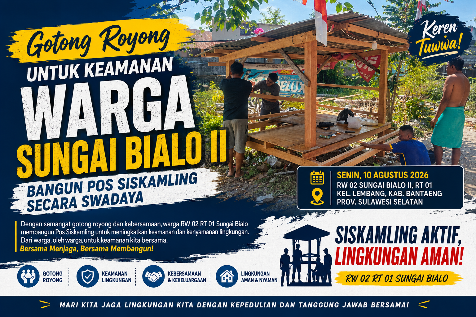 GOTONG ROYONG UNTUK KEAMANAN: WARGA SUNGAI BIALO II BANGUN POS SISKAMLING SECARA SWADAYA